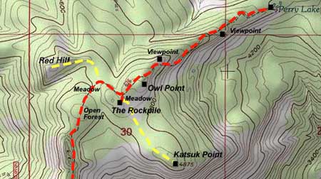 A topographic map reveals the true features and terrain at risk from the Bear Creek OHV proposal, including Red Hill, the Old Vista Ridge Trail, Owl Point and Perry Lake.