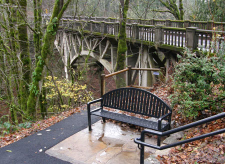 This stately bench salutes the old highway bridge, a nice touch!