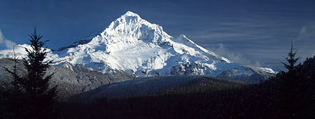 The Sandy Glacier is front and center in the classic view of Mount Hood from Lolo Pass