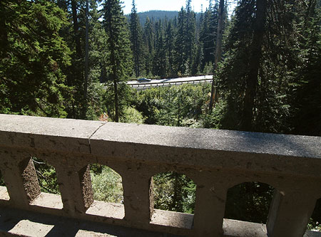 View down the East Fork to Highway 35 from the historic Sahalie Falls Bridge