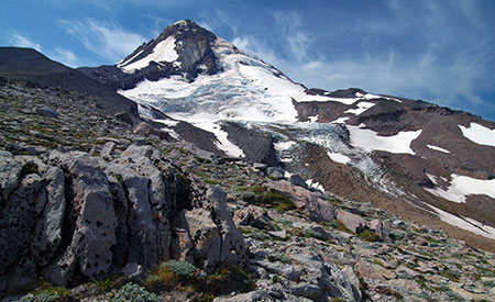 August features the Eliot Glacier on Mount Hood's north flank
