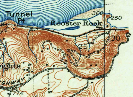 Another early map view, this time from around 1900, showing the steep access road that connected the cannery at Rooster Rock to Chanticleer Point and the historic Columbia River Highway on the rim of the Gorge.