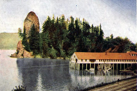 Rooster Rock and salmon cannery in the early 1900s.